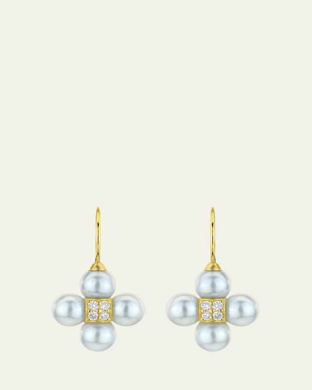 18K Yellow Gold Diamond and 6mm Pearl Sequence Wire Earrings